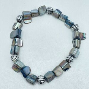 Vintage Y2K Abalone Shell Bracelet Silver Tone Beaded Boho Statement Jewelry